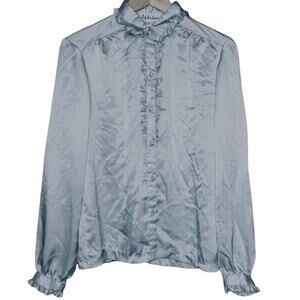 Vintage 70s Lady Manhattan Size Medium Satin Ruffle Collar Blouse Pearl Gray
